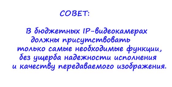 В бюджетных IP-видеокамерах должны присутствовать только самые необходимые функции, без ущерба надежности исполнения и качеству передаваемого изображения.