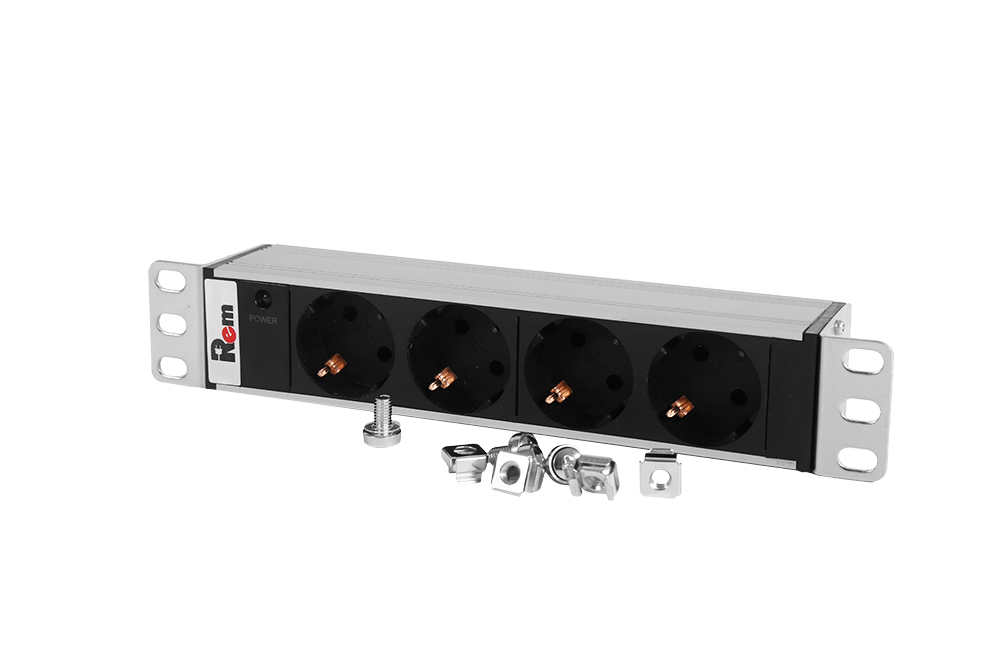 Блок розеток Rem-10 без шнура с инд., 4 Sсhuko, вход IEC 60320 C14, 10A, алюм., 10&amp;quot; (ЦМО)