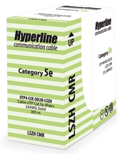 Hyperline FUTP4-C5E-S24-IN-LSZH-GY-305 (305 м) Кабель витая пара F/UTP, категория 5e, 4 пары (24 AWG), одножильный (solid), экран - фольга, LSZH, нг(А)-HF, –20°C – +75°C, серый - гарантия: 15 лет компонентная, 25 лет системная