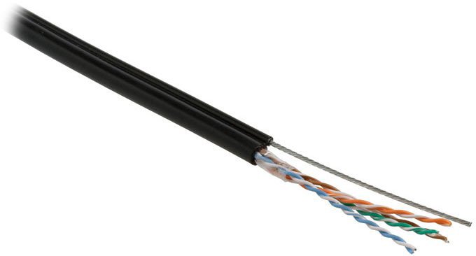 Hyperline FUTP4-C5E-S24-SW-OUT-PE-BK-500 (500м) Кабель витая пара F/UTP, кат.5e, 4 пары(24 AWG), одножильн.(solid),экран-фольга, с металл.тросом,внешний, PE,-40°C-+50°C, черный-гарантия: 15 лет компонентная