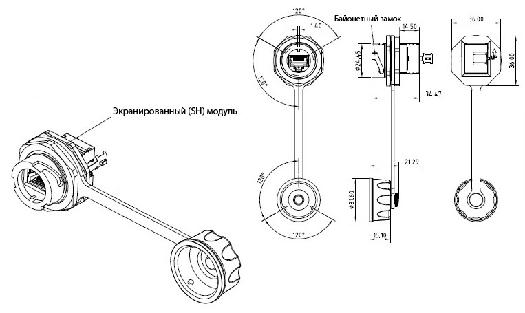 Hyperline KJ-IE-8P8C-C5e-180-SH-F-BK Промышленный модуль Keystone Jack RJ-45 (8P8C), IP67, категория 5e, с защитной крышкой, черный, экранированный (SH)